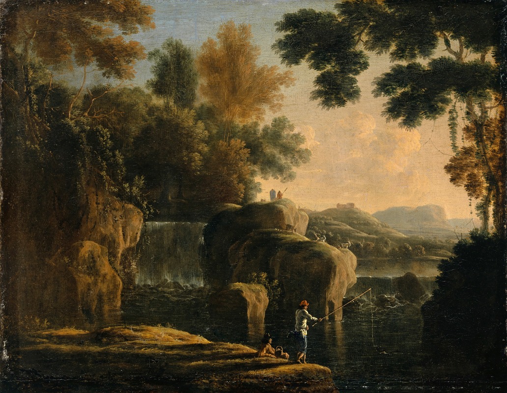 Herman van Swanevelt - Waterfall with Fishermen