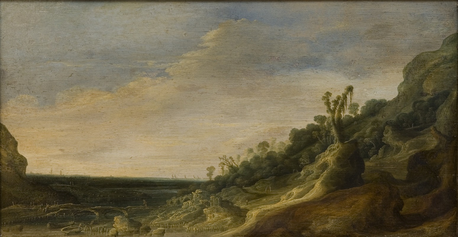 Jacob van Geel - Mountain Scenery with a View of a River and the Sea