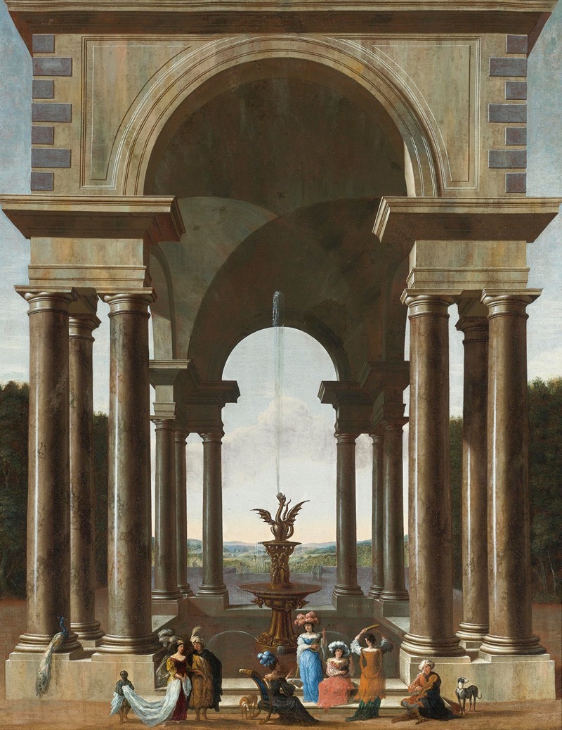 Jacob Ferdinand Saeys - A Classical Portico With An Elegant Company Gathered By A Fountain