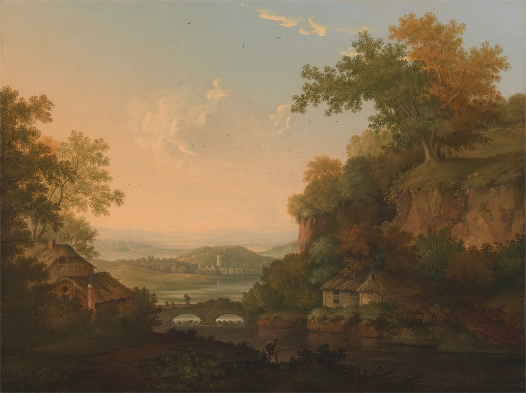 James Lambert of Lewes - A River Scene with Thatched Huts by a Bridge over a Weir