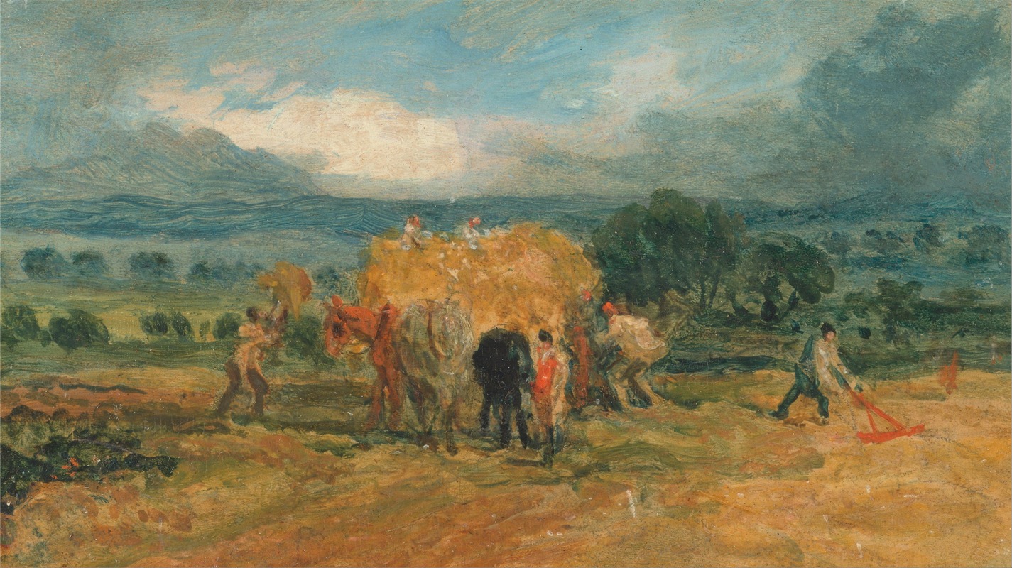 James Ward - A Harvest Scene with Workers Loading Hay on to a Farm Wagon