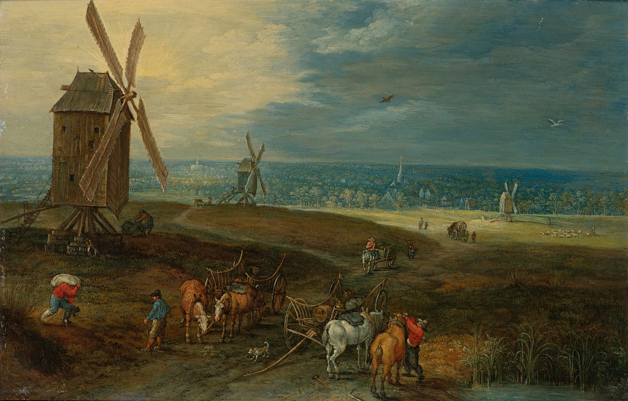 Jan Brueghel the Younger - An Extensive Landscape With Travellers Before A Windmill