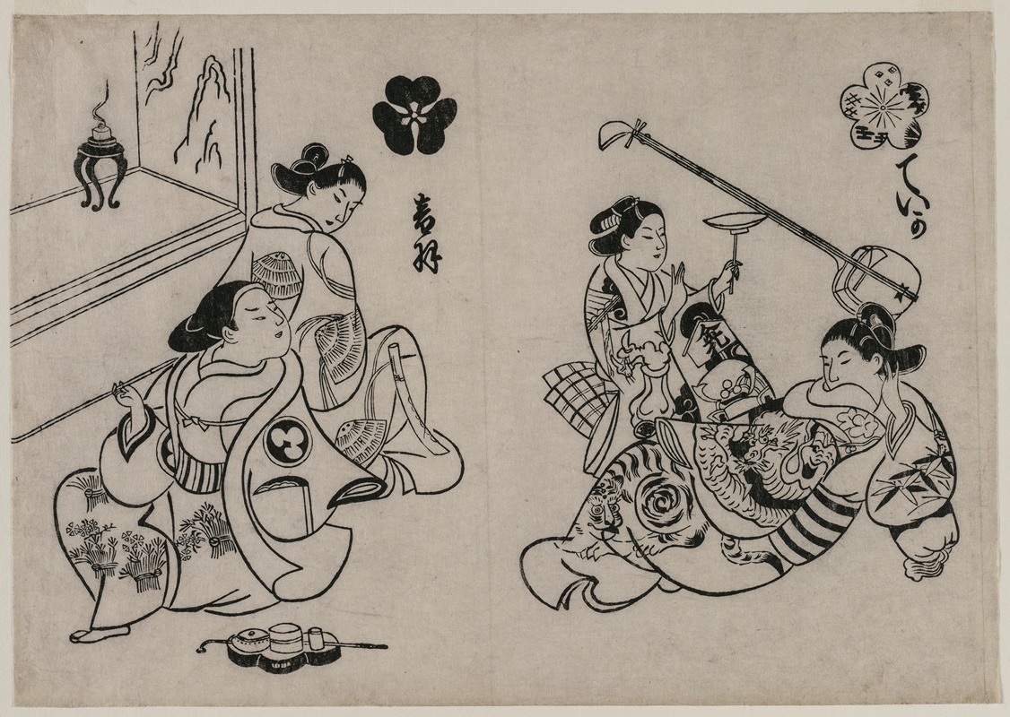 Okumura Masanobu - Three Courtesans with a Client