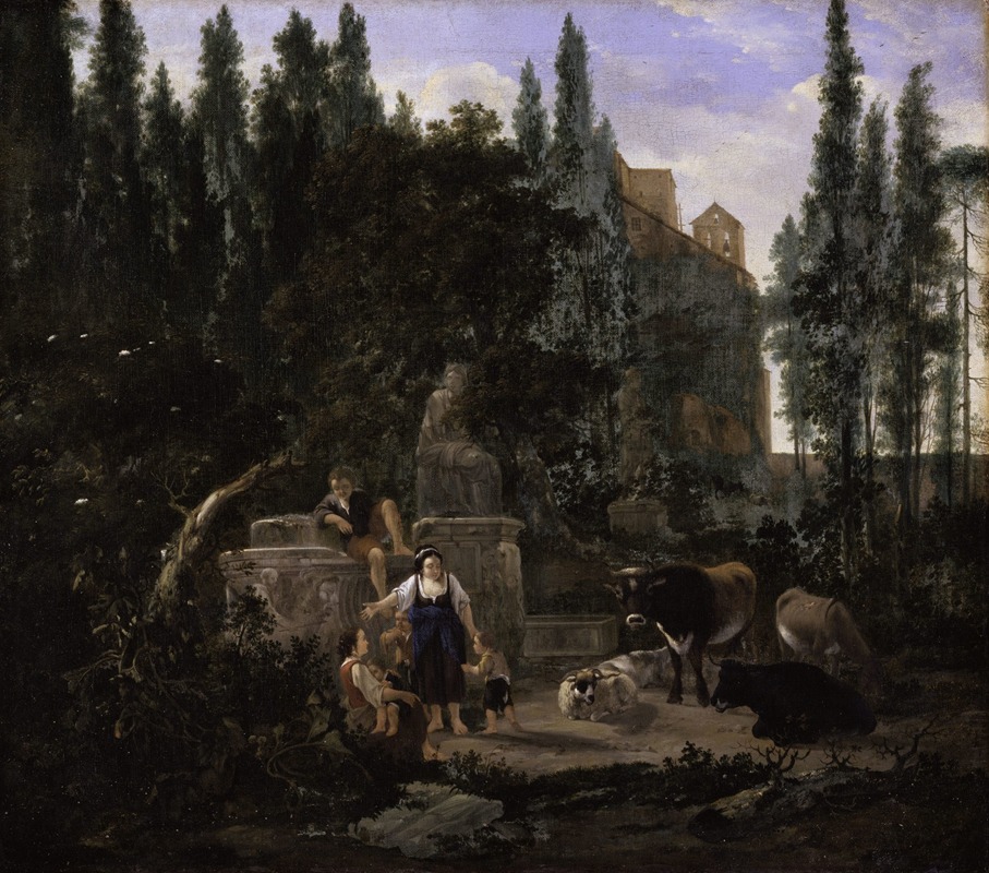 Jan Lapp - An Italian Landscape with Figures and Cattle