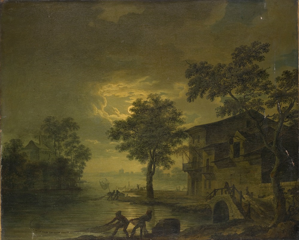 Jean François Huë - River Landscape with Fishermen at Moonshine