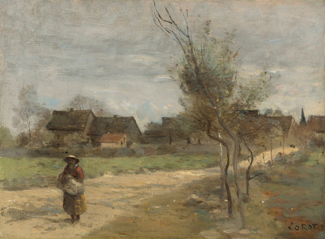 Jean-Baptiste-Camille Corot - Paysanne Sur Une Route En Vue D’un Village