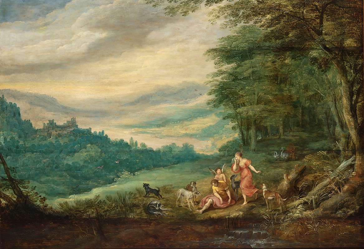 Joos de Momper - Venus Mourning Adonis In A Panoramic Wooded Landscape