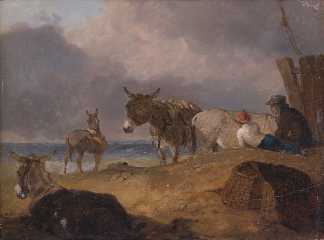Julius Caesar Ibbetson - Donkeys and Figures on a Beach