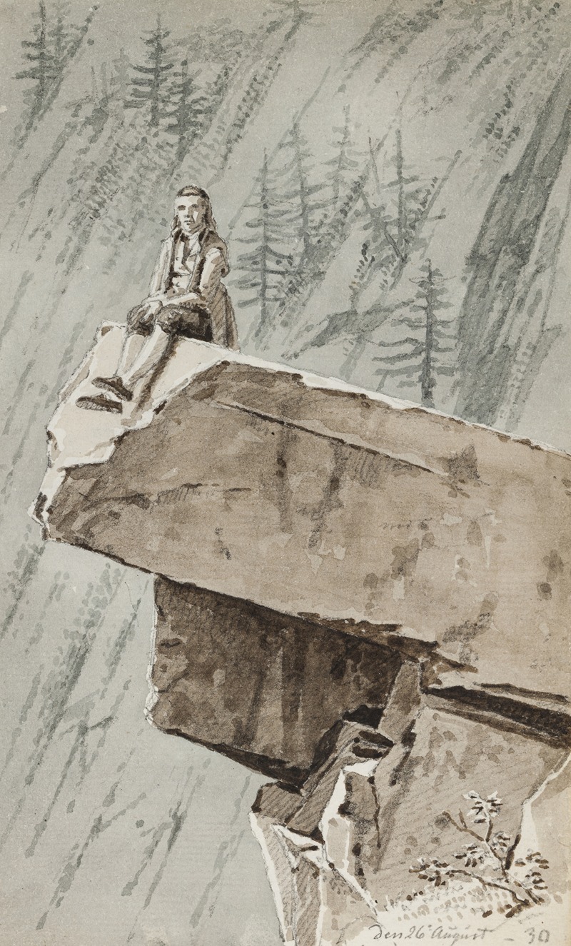 Martinus Rørbye - En mand, der sidder på et klippefremspring. I baggrunden en bjergskråning