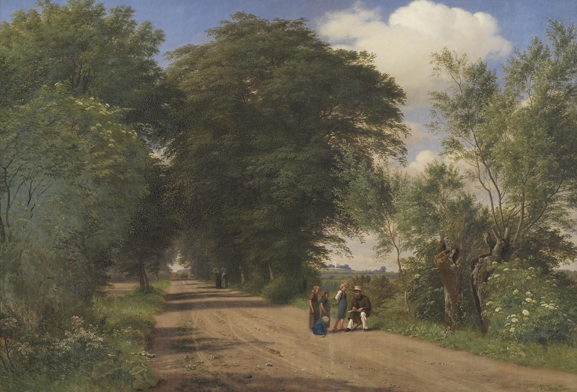 P. C. Skovgaard - A Country Road near Vognserup Manor, Zealand. The Painter J.Th. Lundbye Sketching by the Roadside