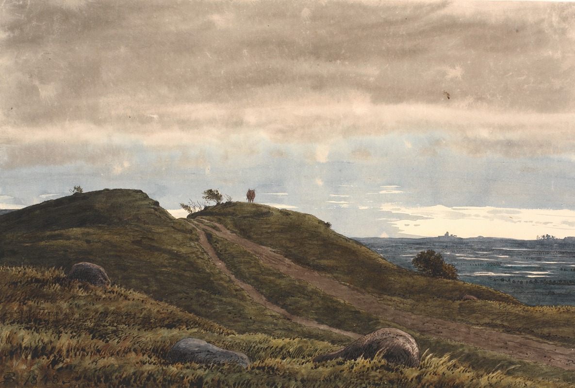 P. C. Skovgaard - Landskab med en sandet vej, der fører over en lyngbakke. Til højre udsigt over vidtstrakt land med tørvemoser. Fra Raageleje-egnen