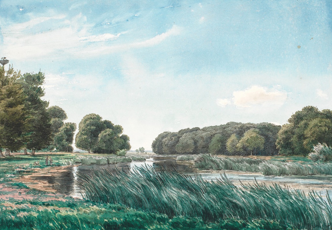 P. C. Skovgaard - Trærigt landskab med en sø og tre børn der står og fisker