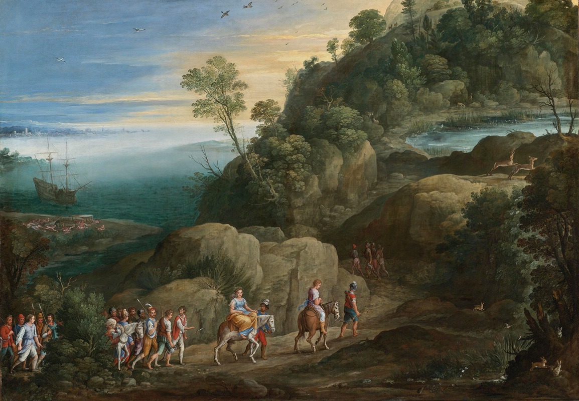 Paul Bril - An Extensive Landscape With Scenes From The Historiae Aethiopica