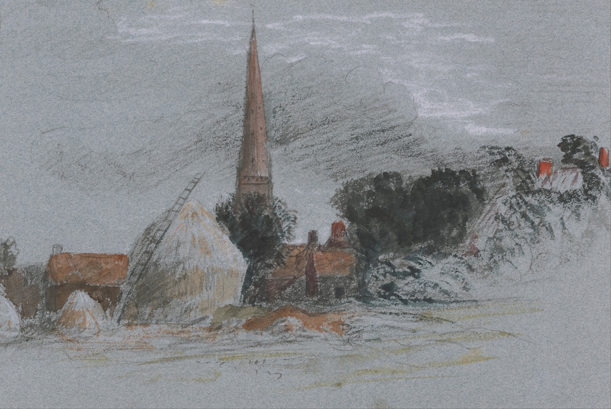 Peter DeWint - Landscape Study- a haystack near a church