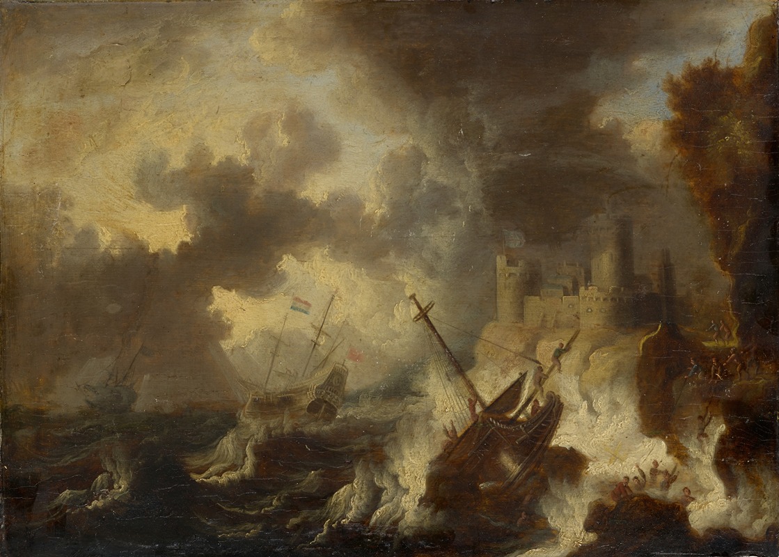 Peter van de Velde - Tempest with Shipwreck in front of a Coastal Fortress