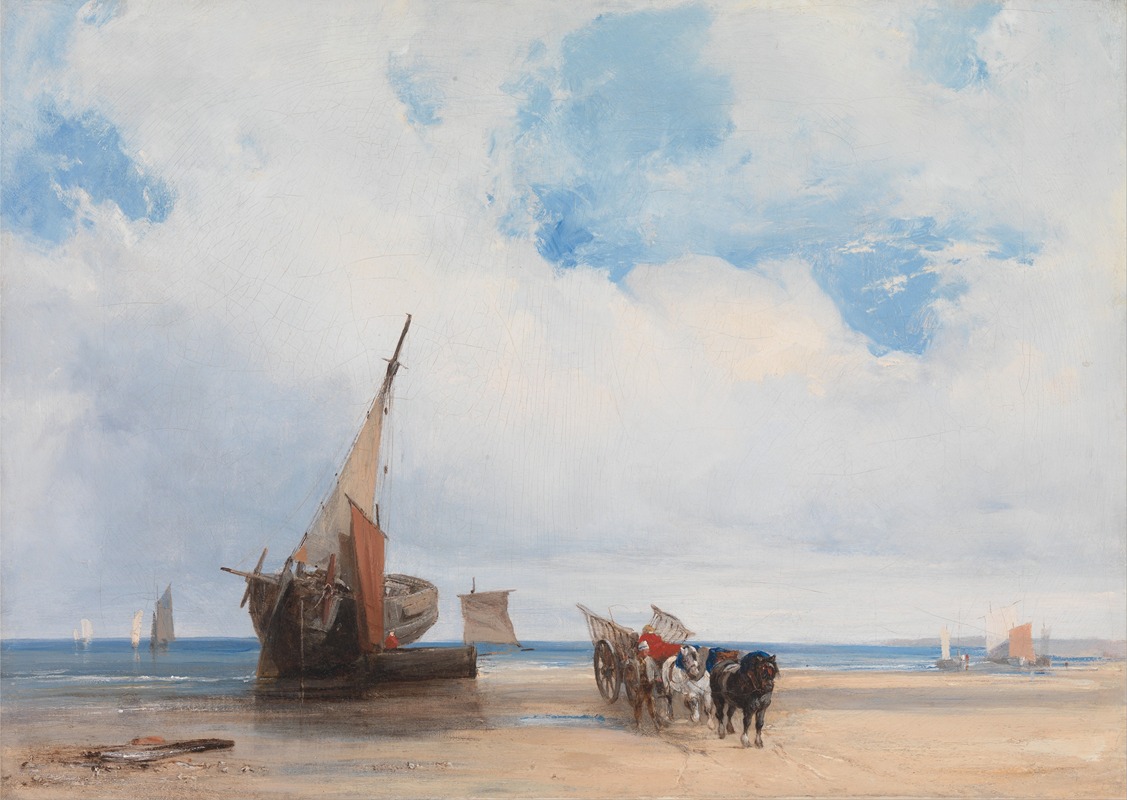 Richard Parkes Bonington - Beached Vessels and a Wagon, near Trouville, France