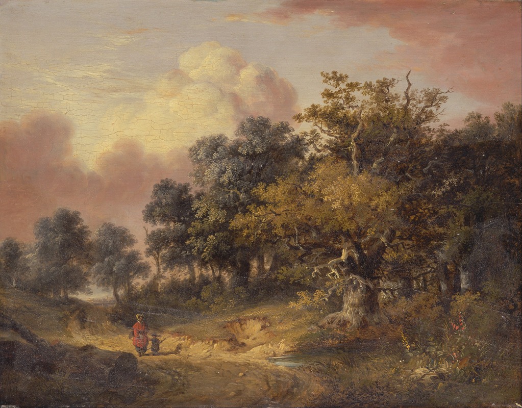 Robert Ladbrooke - Wooded Landscape with Woman and Child Walking Down a Road