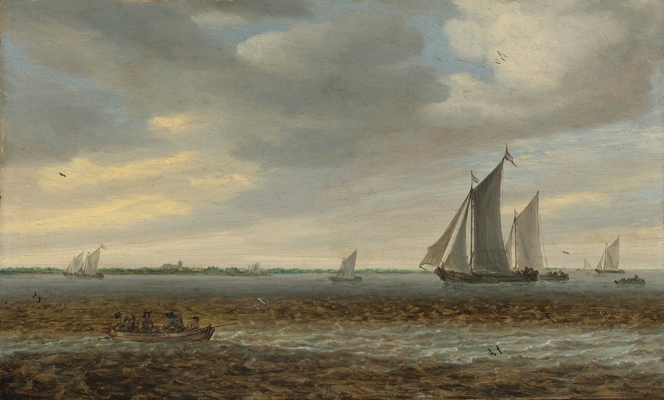 Jacob Salomonsz. van Ruysdael - Sailboats And A Rowboat In Coastal Waters