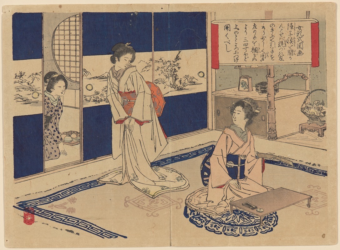 Bunkyu Sakura - Manner of Opening a Paper Door, from Pictures of Female Manners (Onna Reishiki Zuga)