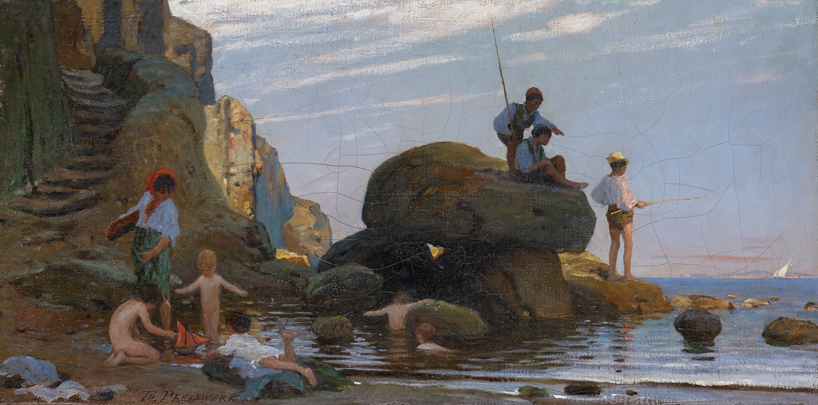 Theophil Preiswerk - Fisherman and Bathing Children at the Sea Beach