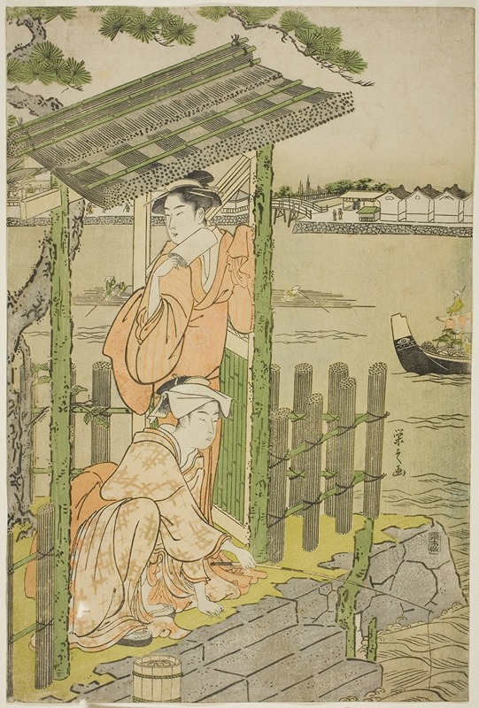 Chōbunsai Eishi - Gathering at a Teahouse on the Bank of the Sumida River
