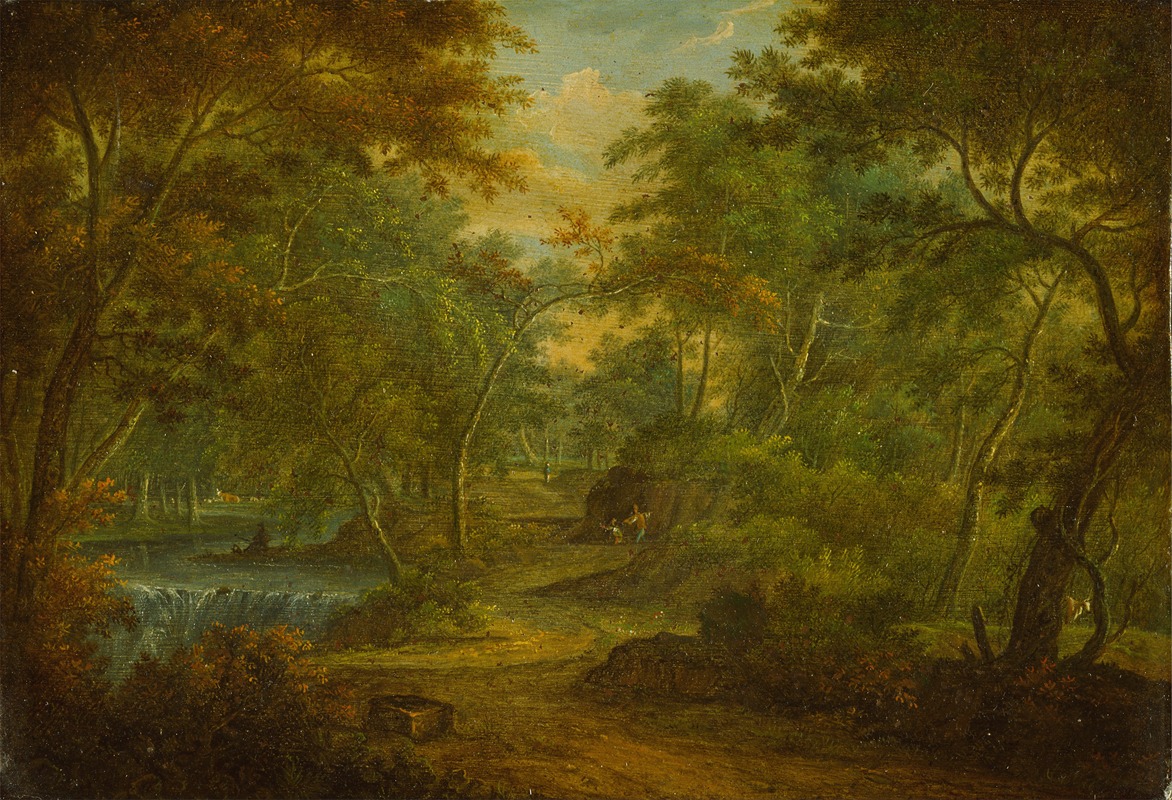 Thomas Smith of Derby - A Wooded Landscape with a Stream and a Fisherman