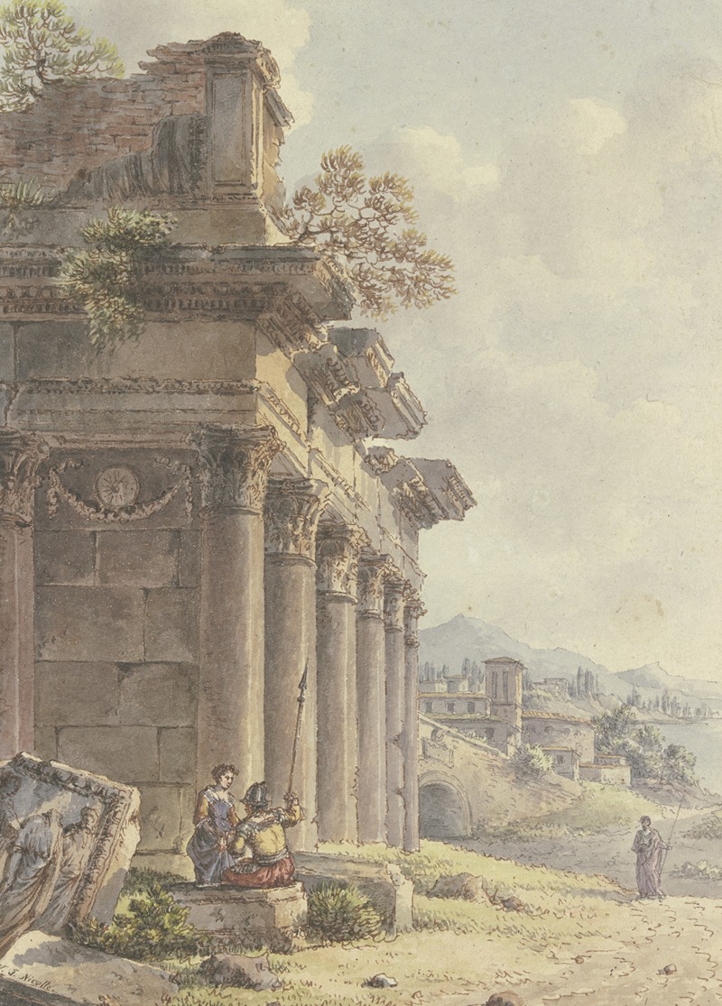 Victor-Jean Nicolle - Architektonisches Capriccio, Ruinen einer Tempelfassade, im Hintergrund Landschaft mit Gebäuden und Seebucht