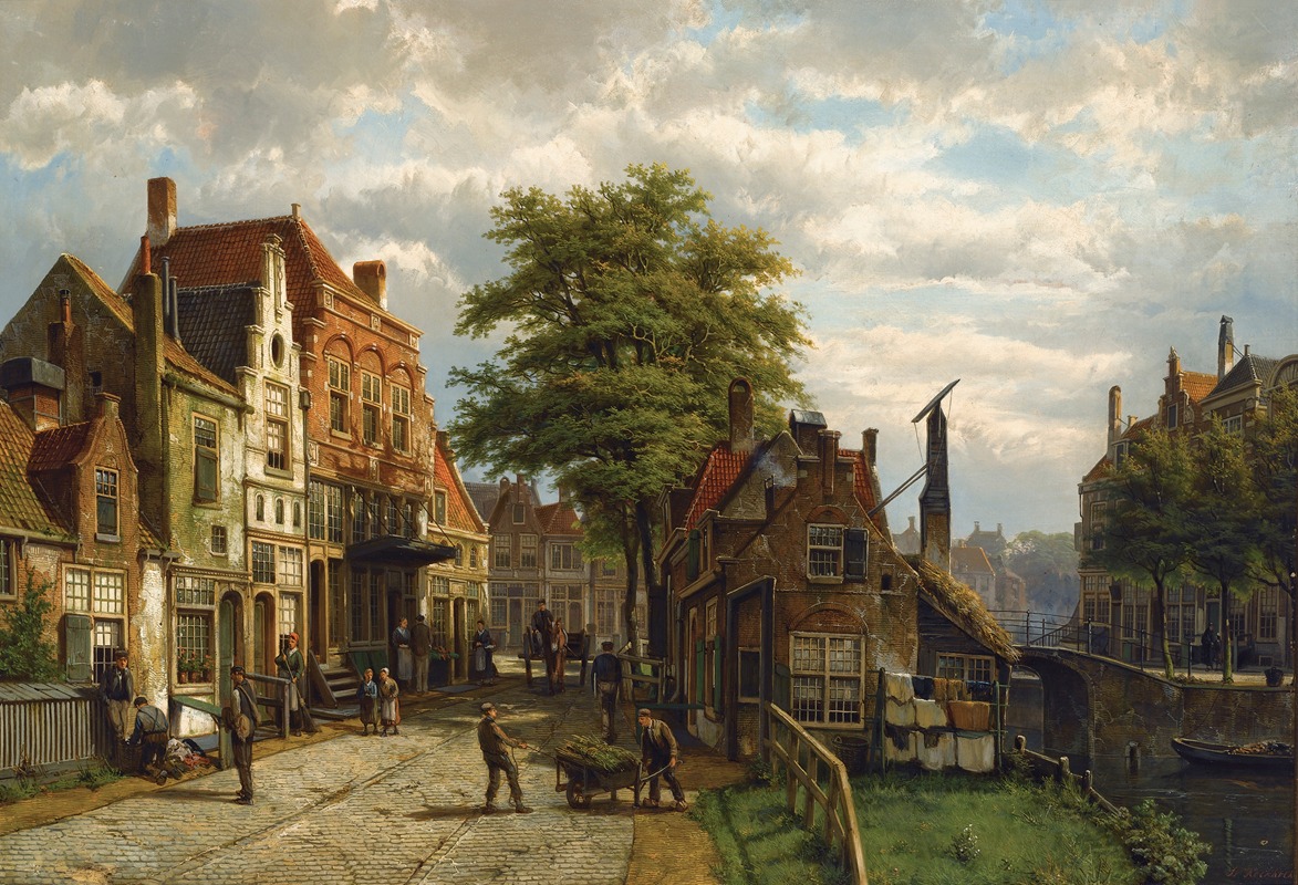 Willem Koekkoek - Figures In A Dutch Town On A Sunny Day