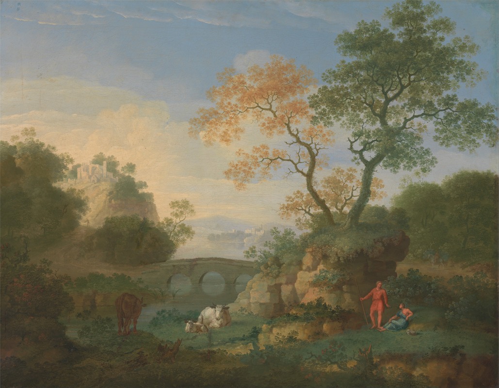 William Smith - A Landscape with Distant Classical Ruins, a Bridge, Figures, and Cattle