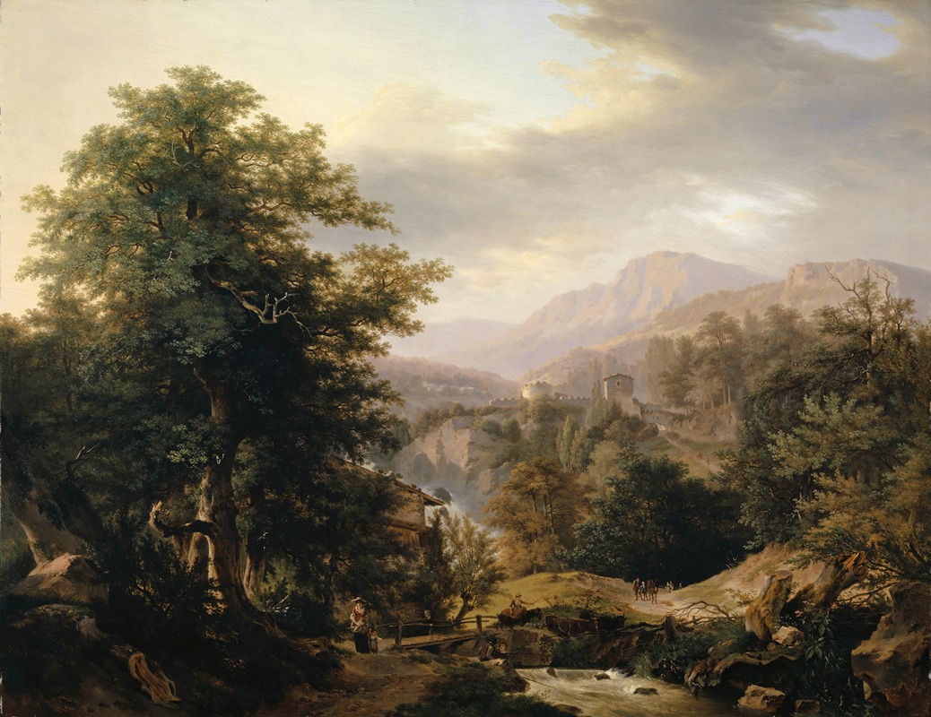 Wolfgang Adam Töpffer - Mountainous Landscape with Staffage Figures and Stream