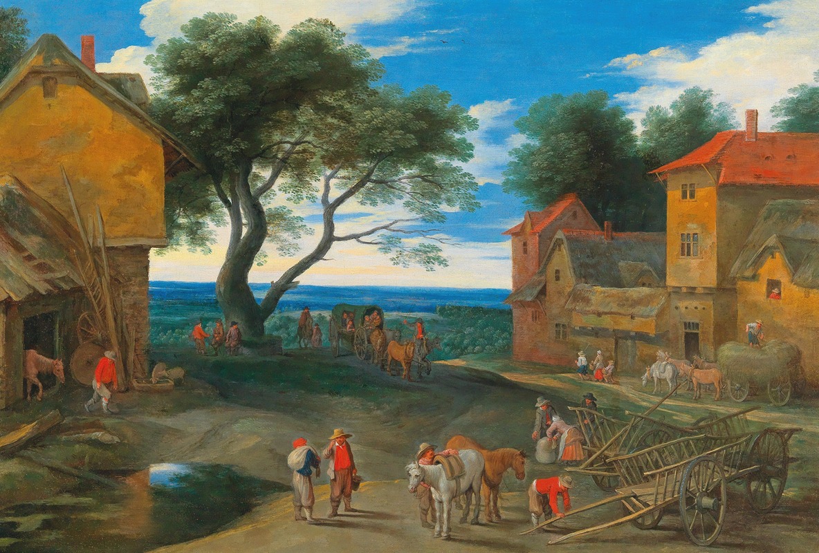 Adriaen van Stalbemt - Travellers in a landscape with buildings