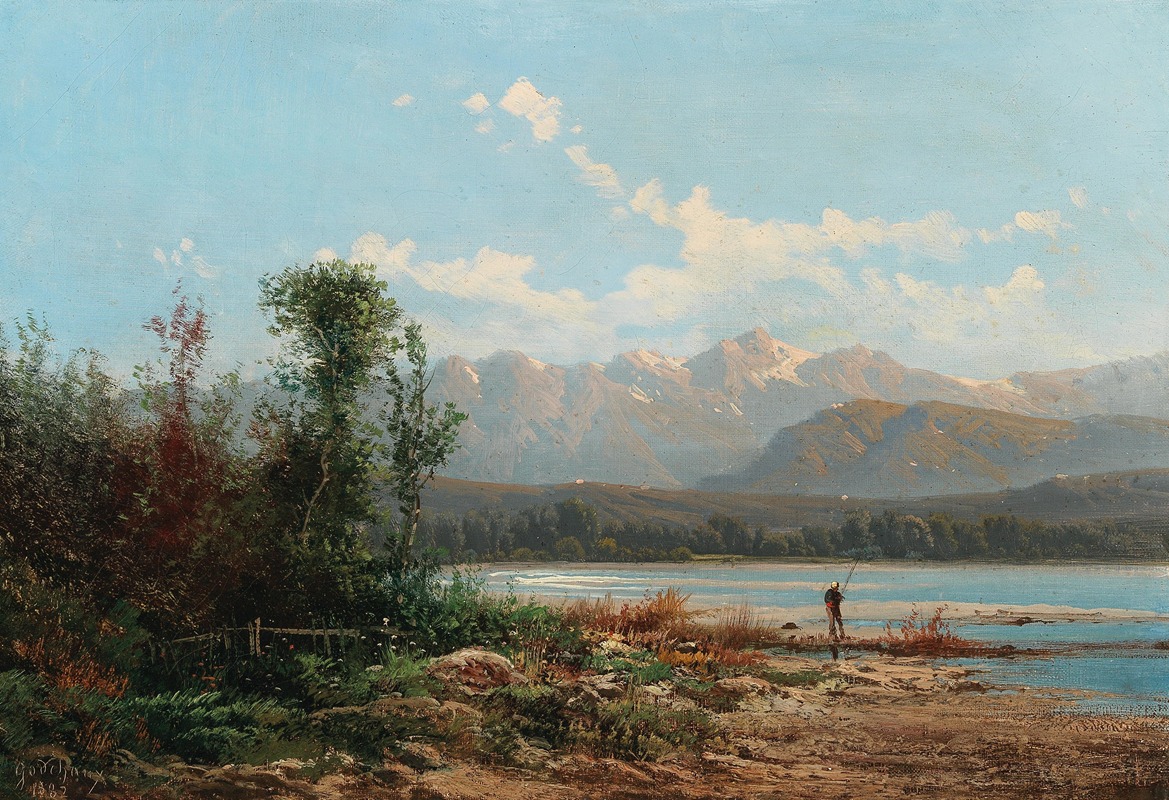 Alfred Godchaux - A Mountainous Lake Landscape with Fisherman