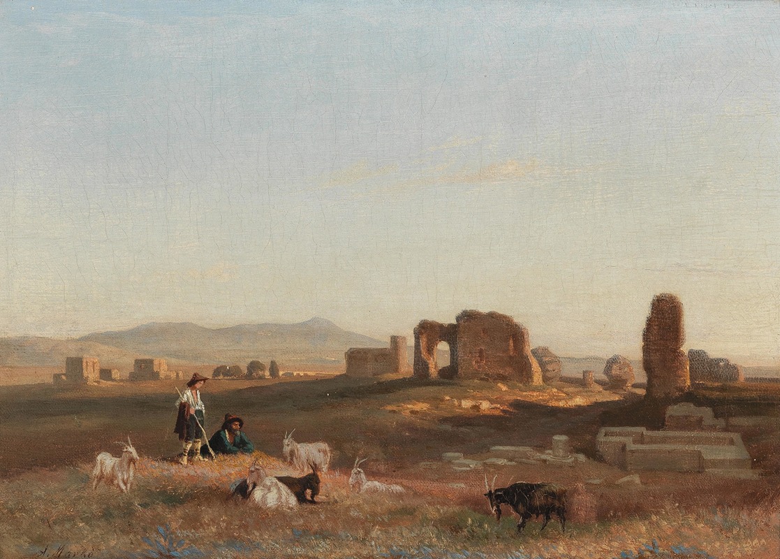 Andreas Marko - A Southern Landscape with Ruins, with Goats and Shepherds