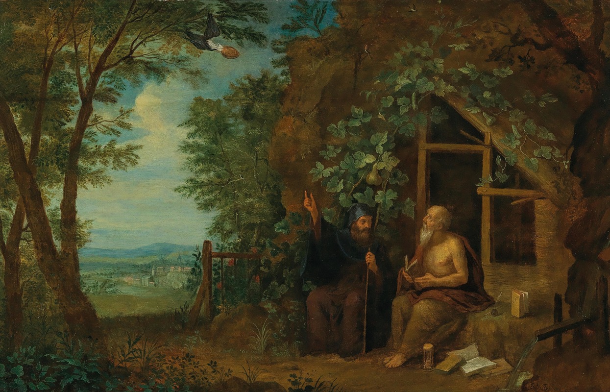 Balthasar Beschey - The hermits Paulus and Antonius in a landscape, fed by a raven