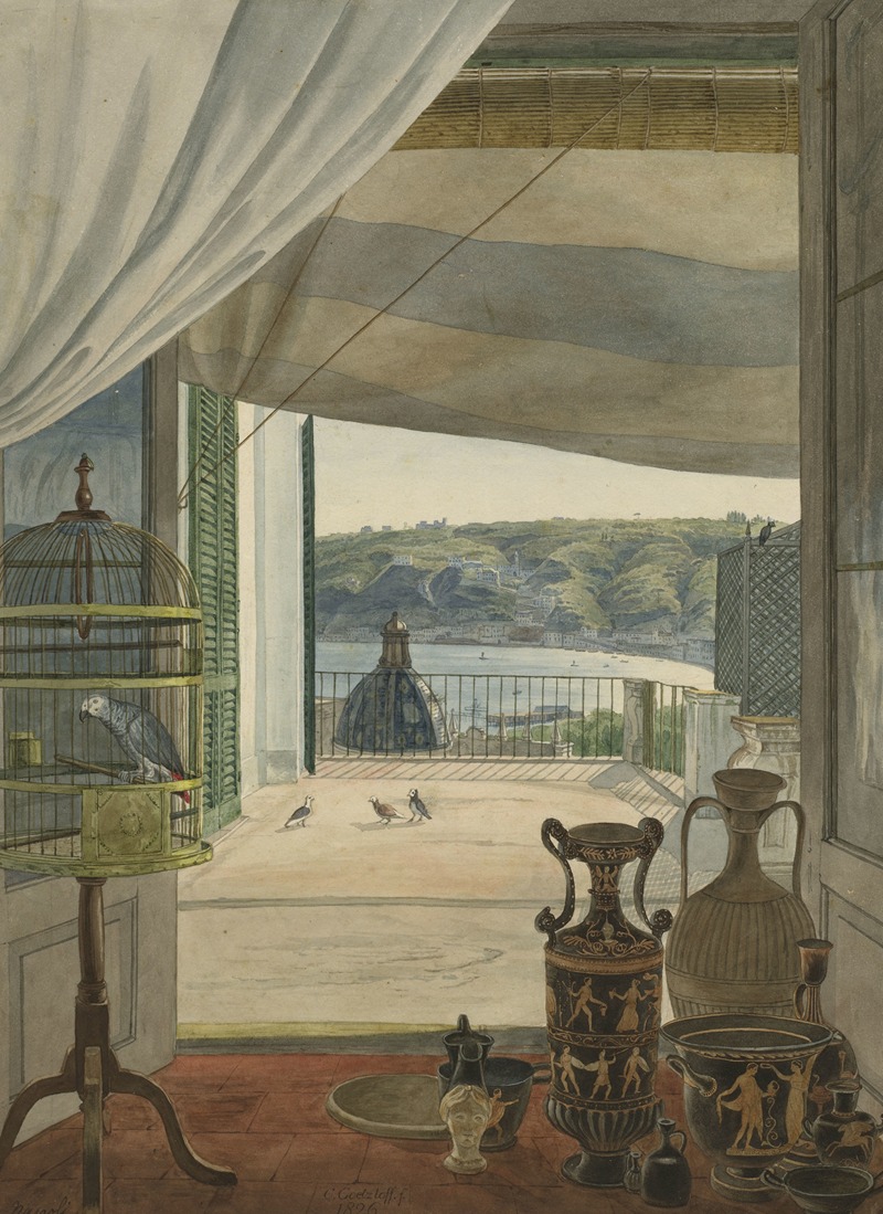 Carl Wilhelm Götzloff - Antiquities by a Balcony Overlooking the Gulf of Naples