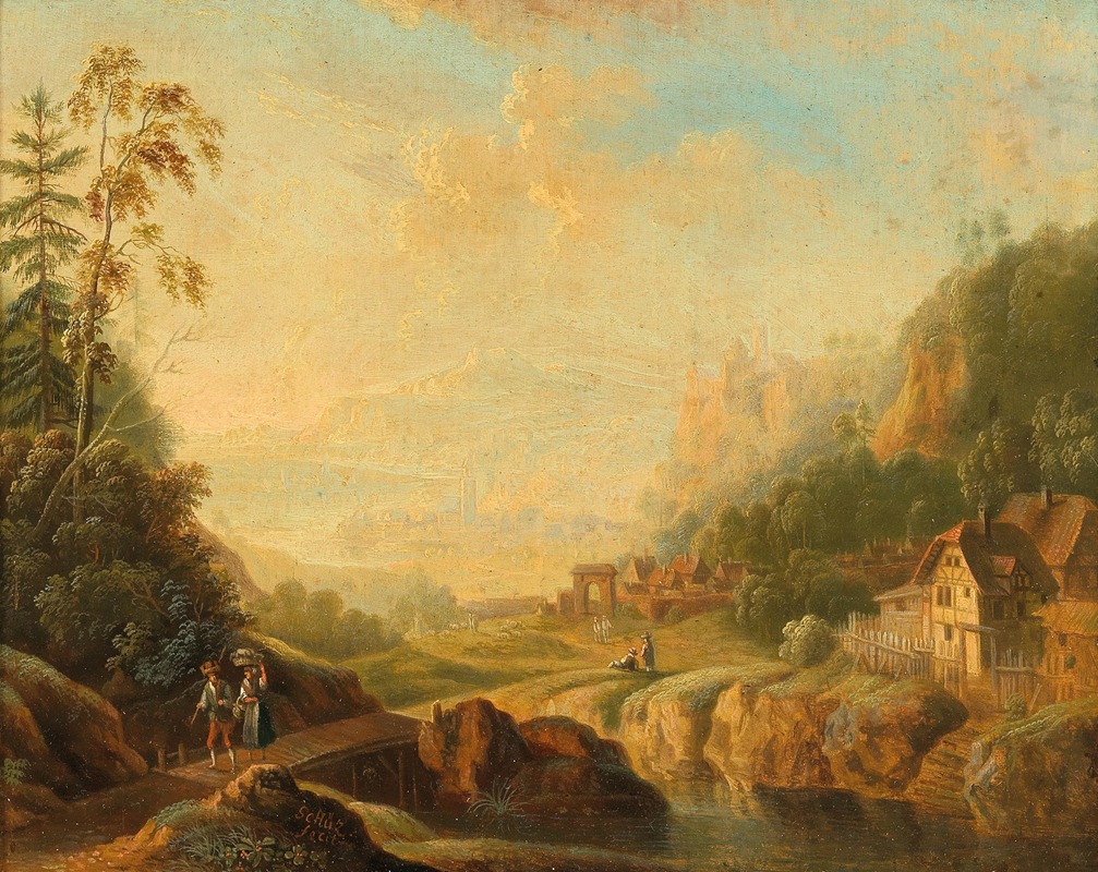 Christian Georg Schütz the Younger - An extensive river landscape with wanderers