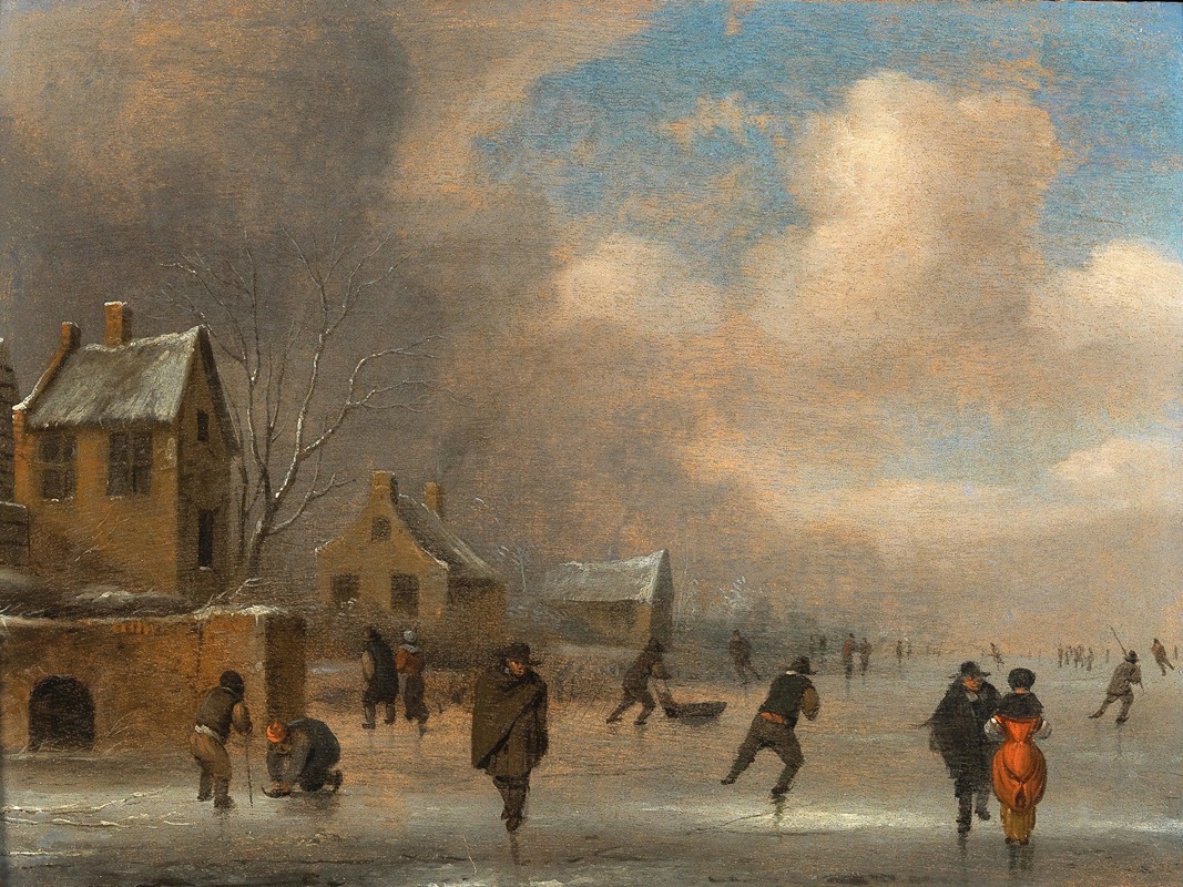 Nicolaes Molenaer - A winter landscape with skaters on the ice