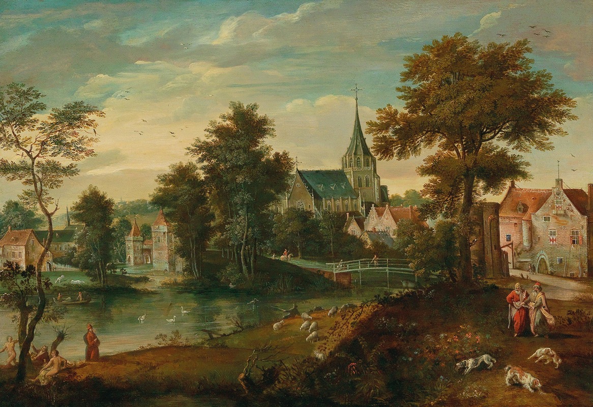 Cornelis Molenaer - A river landscape with two patriarchs near a town