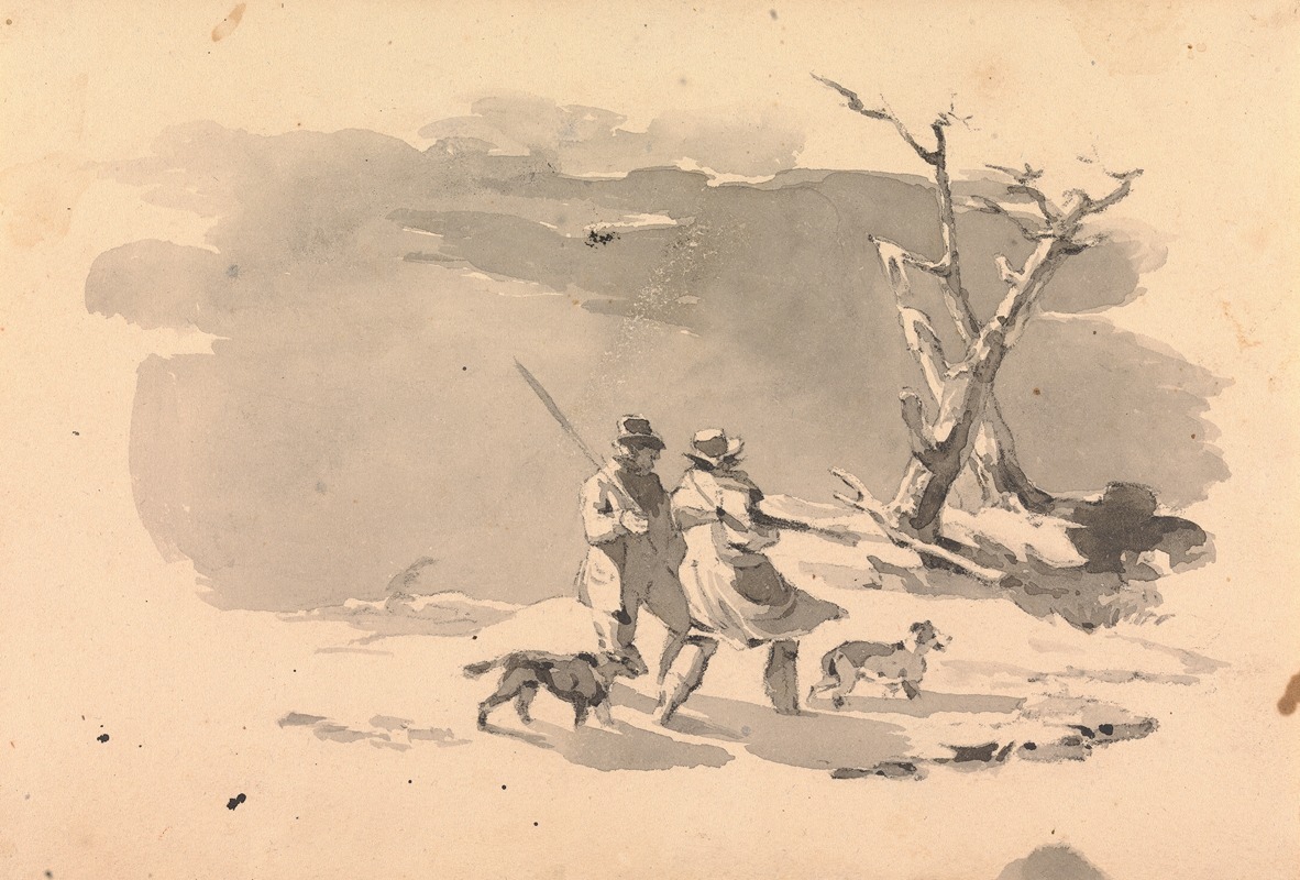 Thomas Sully - Two Hunters and Two Dogs in Winter Scene