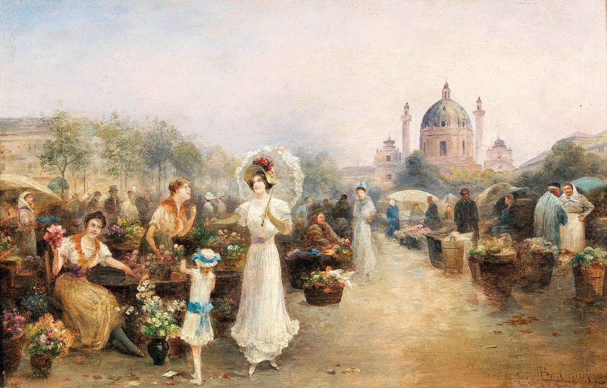 Emil Barbarini - A Flower Market before the Church of St. Charles, Vienna
