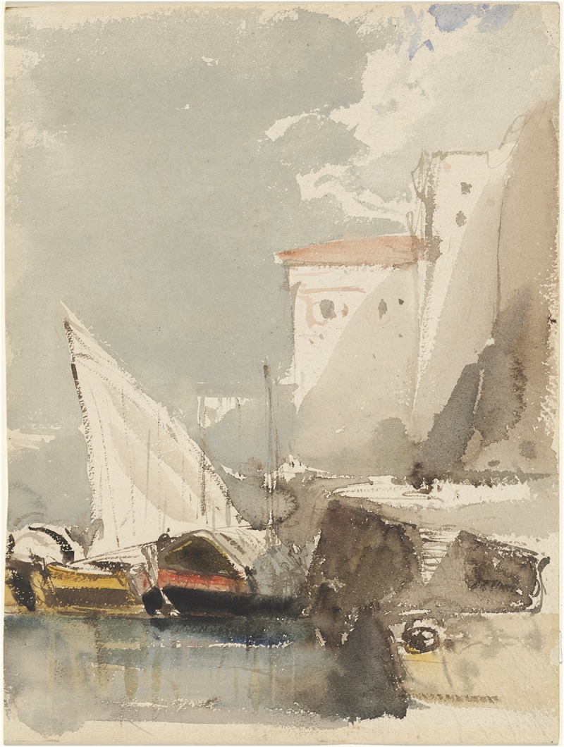 Eugène Isabey - Sailboats in a Sunlit Harbor (recto)