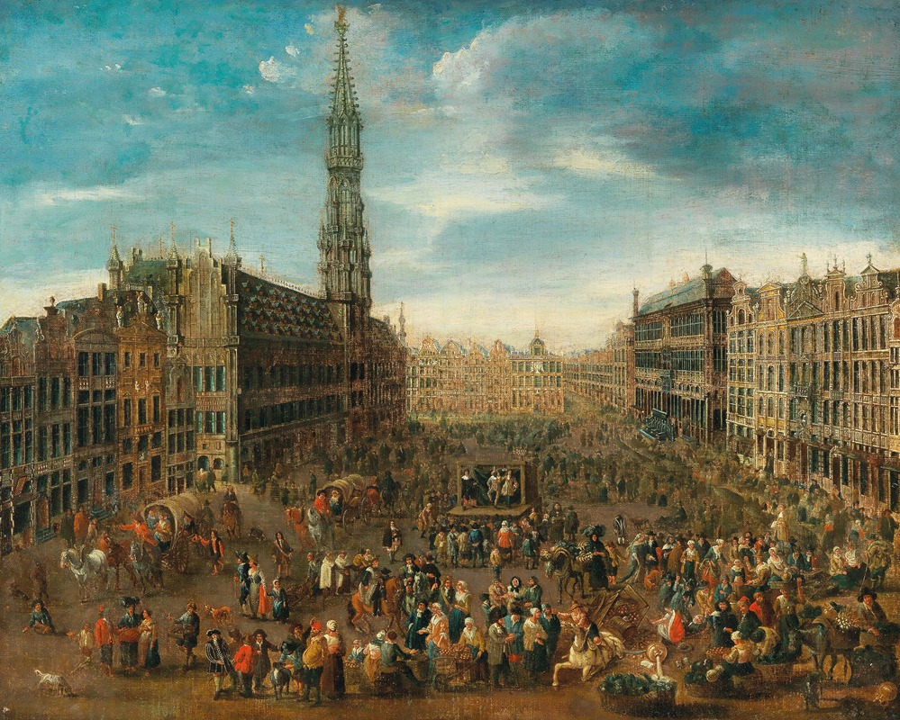 Flemish School - A market scene on the Grand Place in Brussels