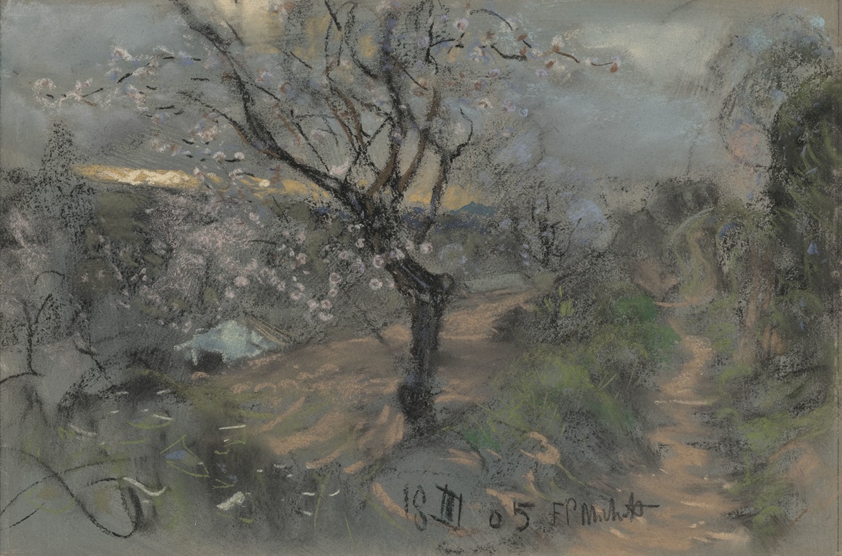 Francesco Paolo Michetti - A Hillside Path with Blooming Cherry Trees under an Overcast Sky