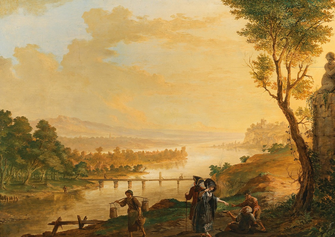 Franz Hochecker - A river landscape at sunset
