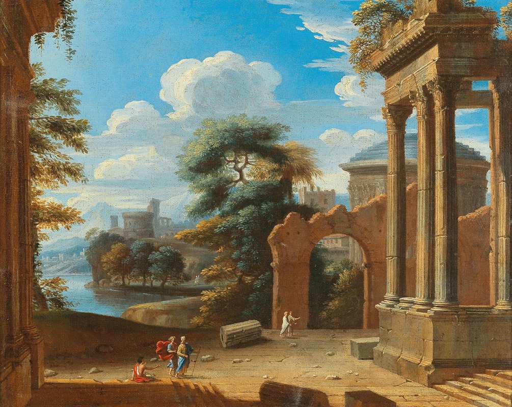French School - A river landscape with figures by ruins