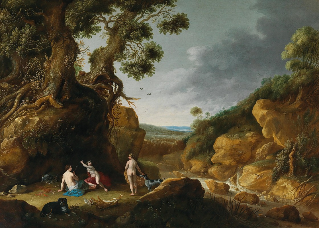 Gillis Claesz. de Hondecoeter - Diana and her nymphs in a rocky wooded river landscape