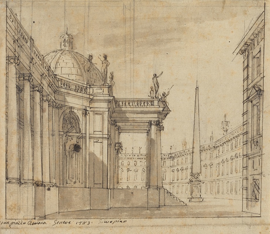 Giuseppino Galliari - Stage Design – A Piazza with a Domed Church and an Obelisk