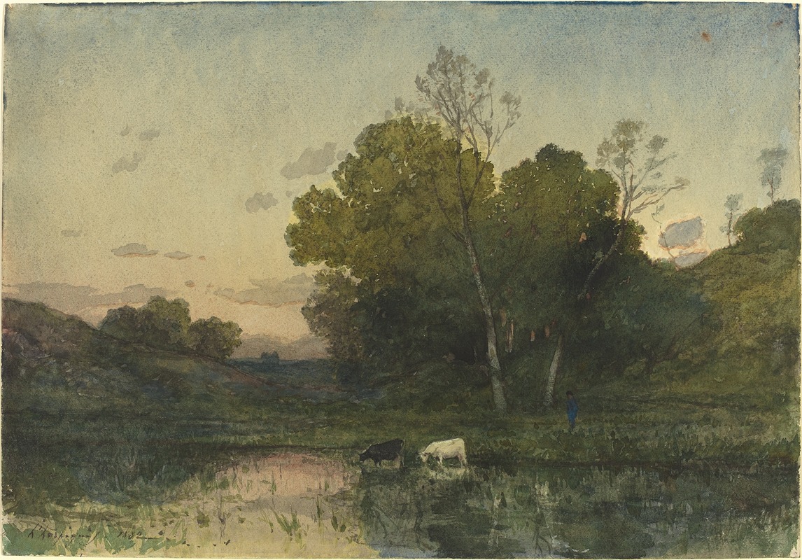 Henri-Joseph Harpignies - Evening Light on a Wooded Lakeside with Cattle Drinking