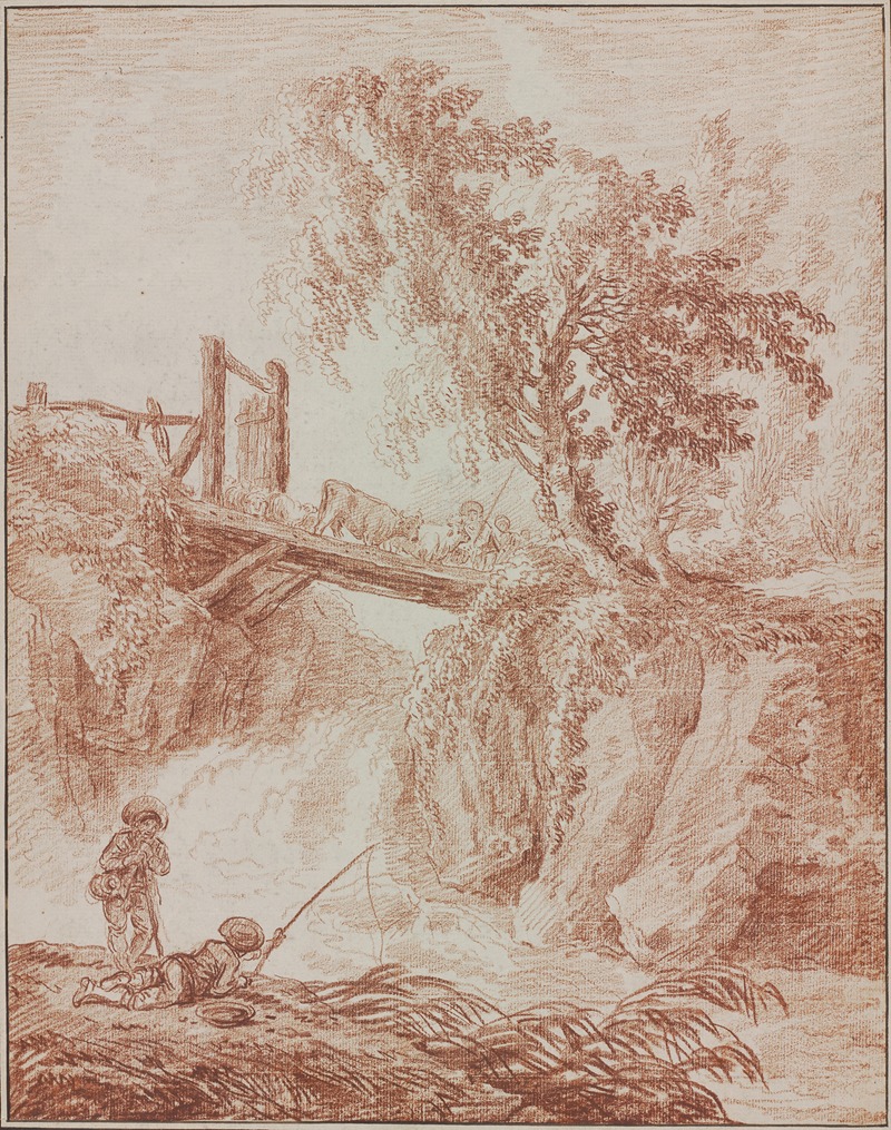 Hubert Robert - Herdsmen Crossing a Waterfall