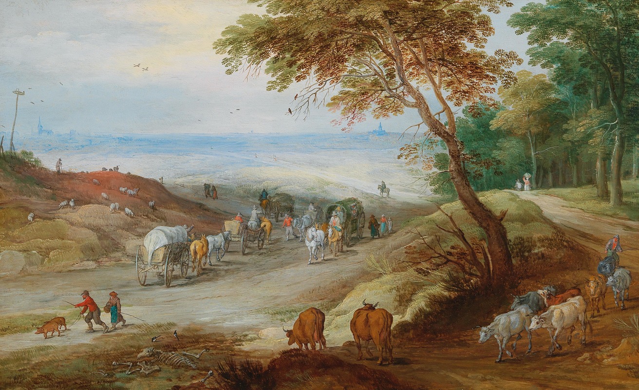 Jan Brueghel the Younger - An extensive hilly landscape with travellers on a path and cattle in the foreground